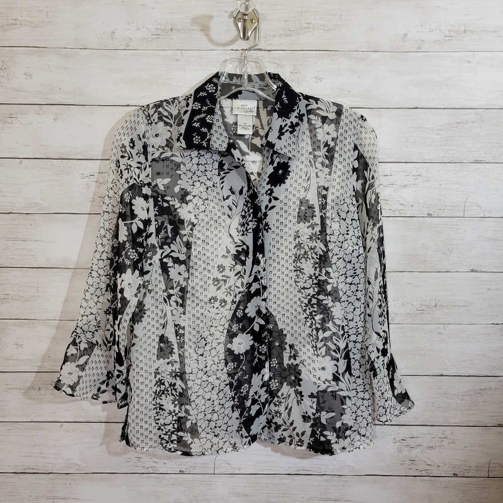 Kim Rogers Sheer Floral Black White Top Work Career Size Small Petite
